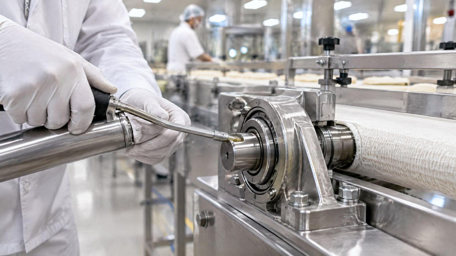 Чистая пищевая смазка подшипников конвейера на газовом затворе в работе.