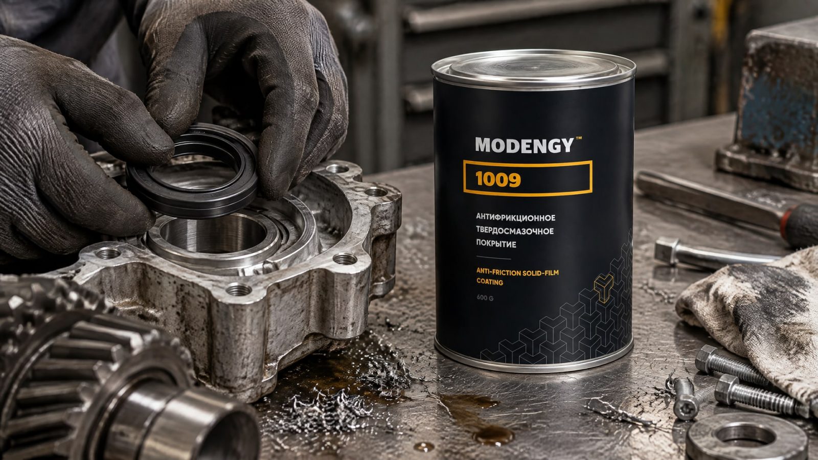 Рука в перчатке наносит смазку MODENGY 1009 для резиновых уплотнений.