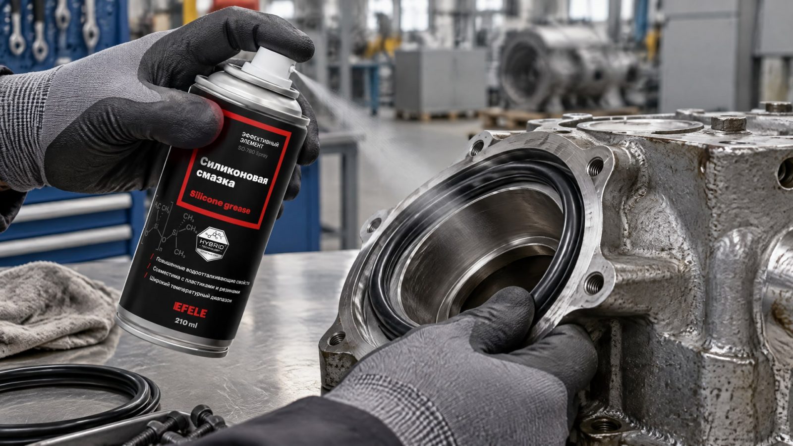 Рука в перчатке наносит EFELE SO-780 Spray (силиконовую) для смазки резиновых уплотнений.