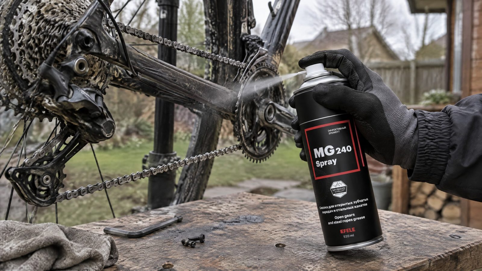 Рука в перчатке распыляет смазку EFELE MG-240 Spray на канат.