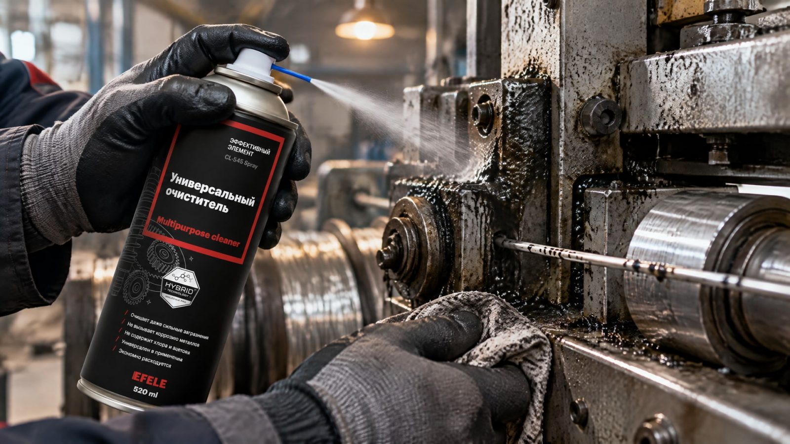 Рука в перчатке наносит EFELE CL-545 Spray на деталь для очистки.