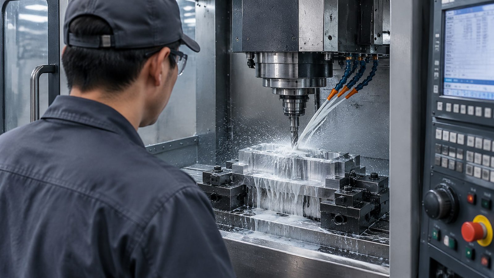 Рабочий наблюдает за CNC-станком, где сож обработка алюминия происходит с видимой эмульсией.