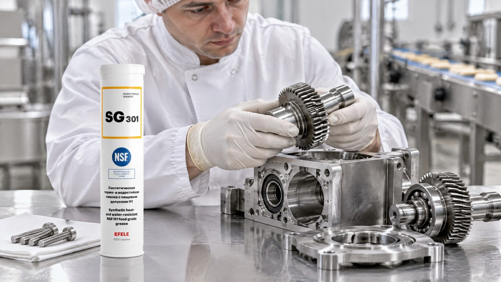 Рука в перчатке наносит EFELE SG-301 на оборудование, необходимое для мойки.