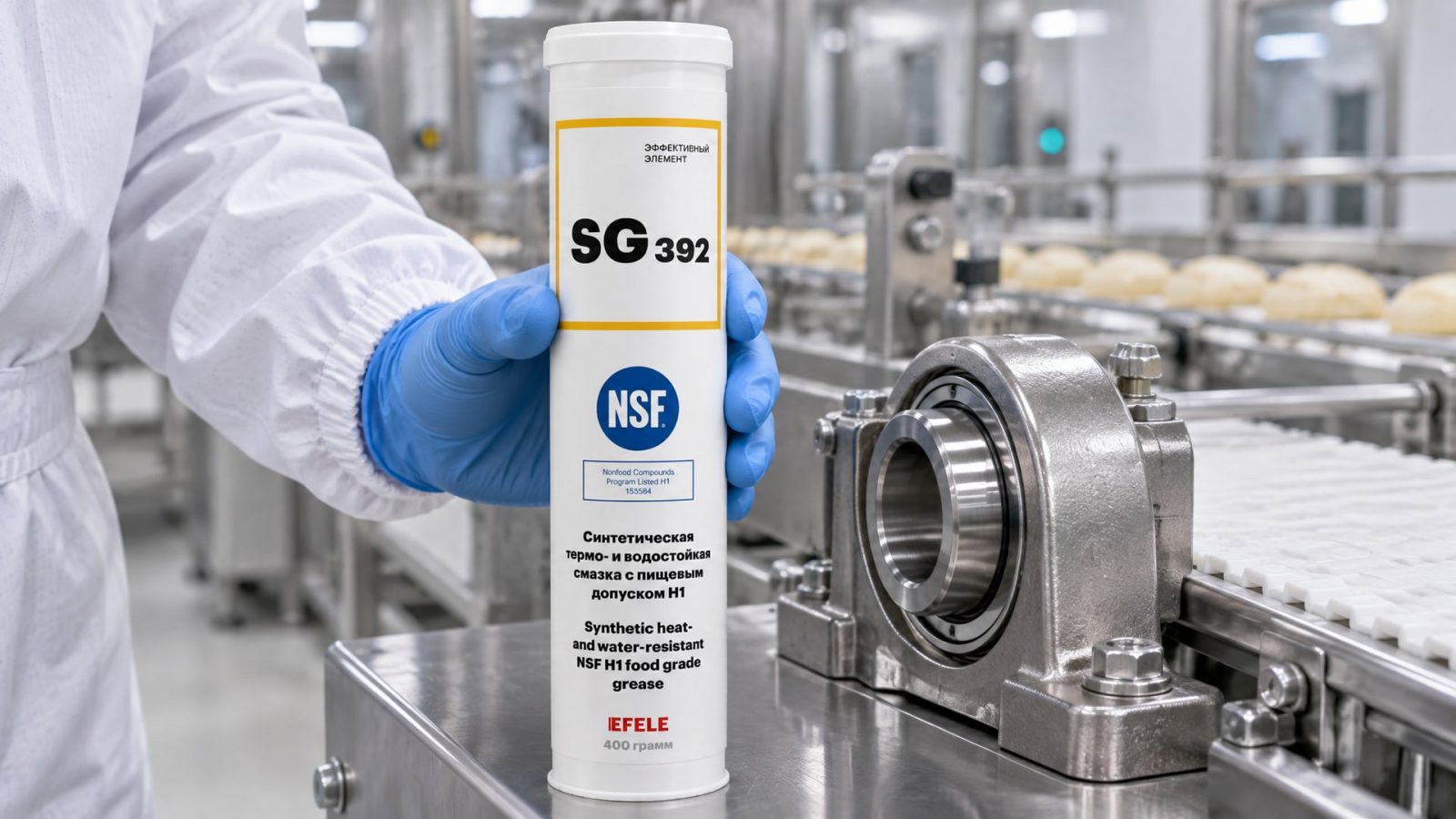 Рука наносит EFELE SG-392 (термо-водостойкая, NSF H1) на оборудование.