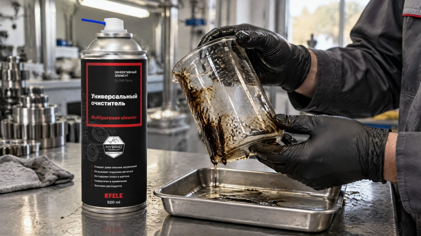 Рука в перчатке наносит EFELE CL-545 Spray (универсальный очиститель) для очистки оборудования.