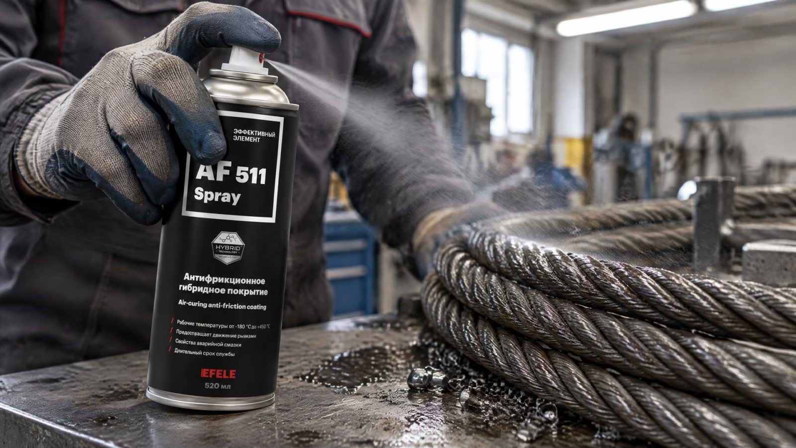 Рука в перчатке наносит EFELE AF-511 Spray на стальной канат.