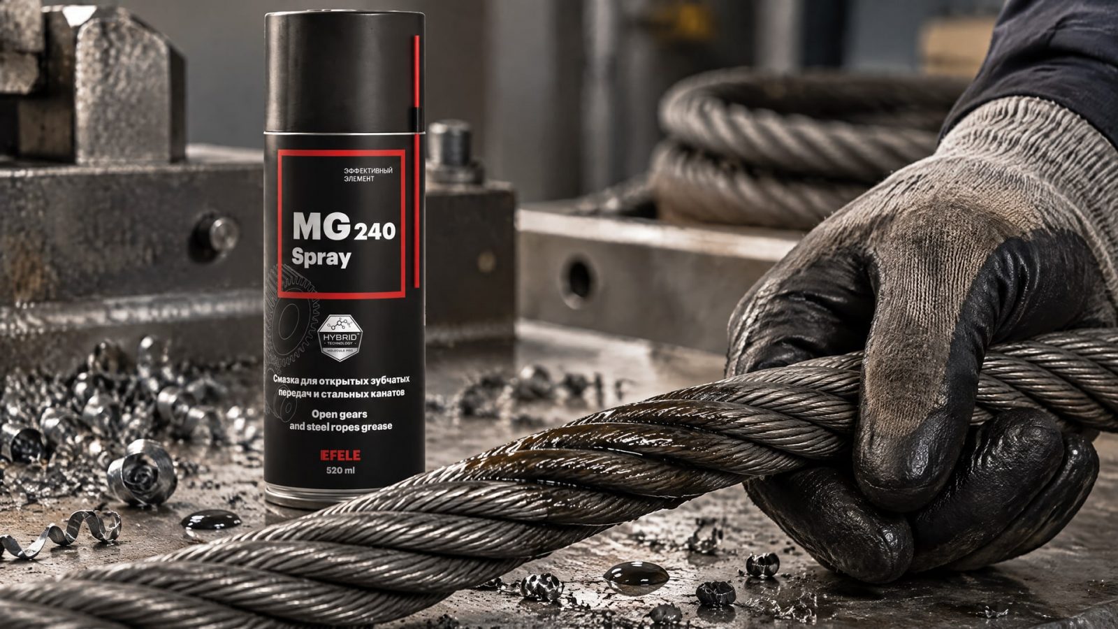 Рука в перчатке наносит EFELE MG-240 Spray на канат.