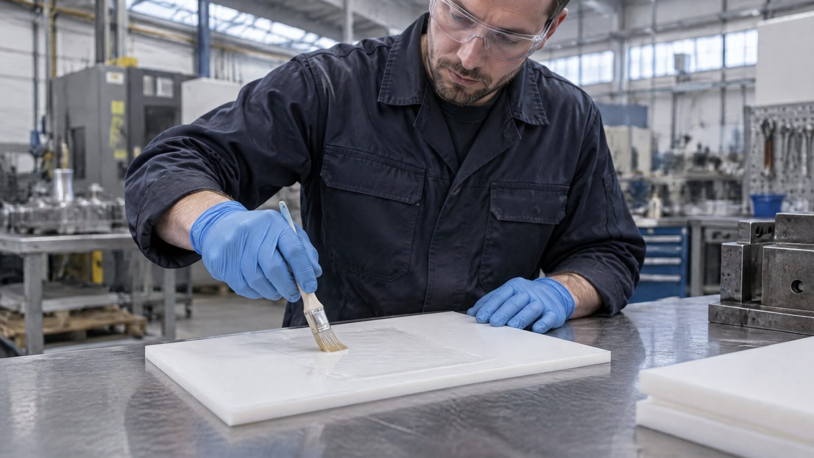 Специалист аккуратно наносит реагент на лист PTFE перед обработкой, улучшая адгезию.