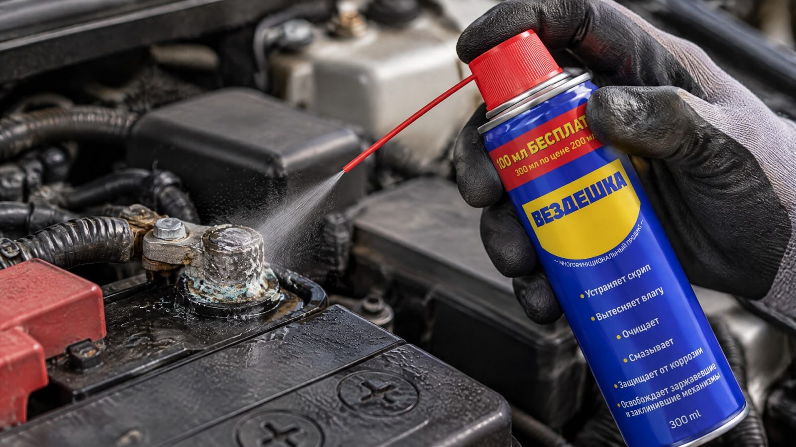 Человек в перчатке наносит универсальную смазку WD-40 на контакты.