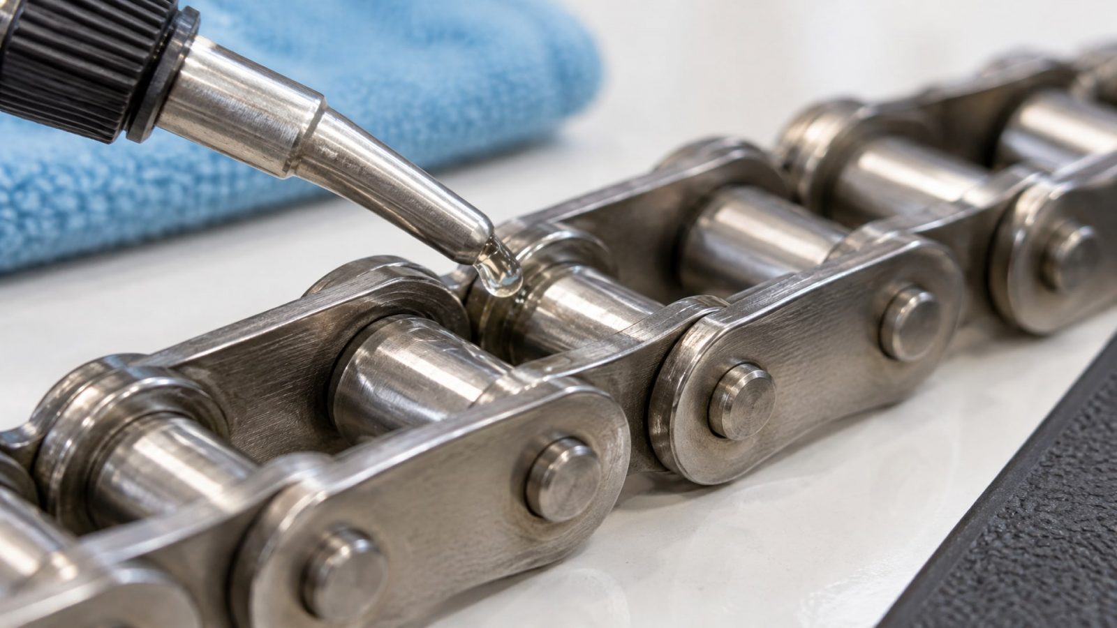 Чистая, блестящая звеньевая цепь из нержавеющей стали на белой столешнице после мойки с каплей цепного масла пищевого.
