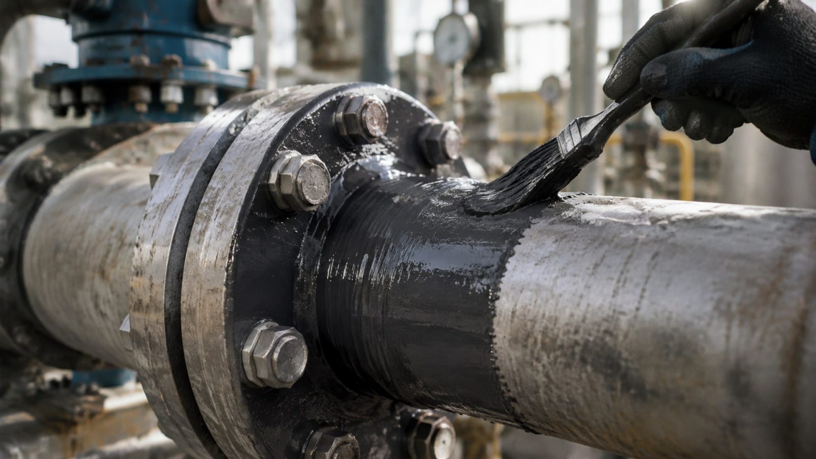 Толстое твердосмазочное покрытие нефтегаз на металлическом трубопроводе с крепежом.