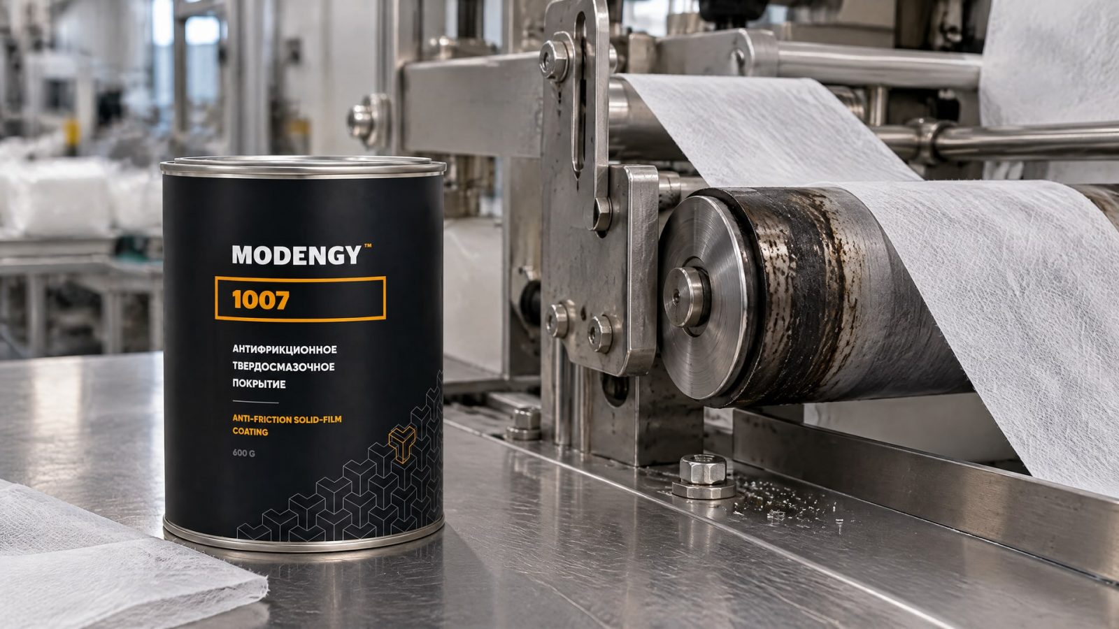 Рука в перчатке наносит MODENGY 1007 на упаковочное оборудование.