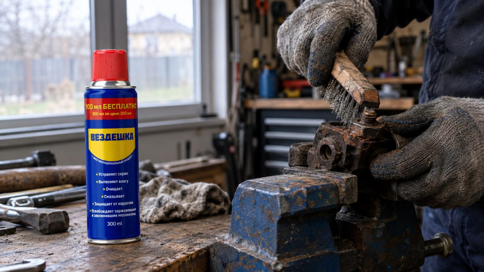 Рука в перчатке наносит универсальную смазку WD-40 на резьбовое соединение.