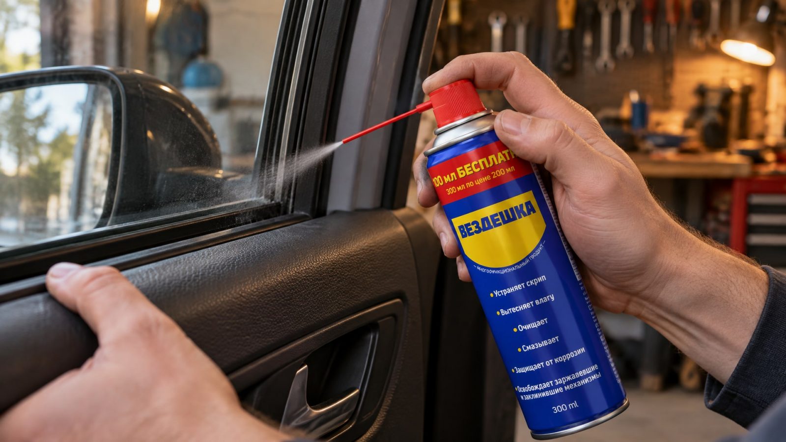 Рука в перчатке наносит универсальную смазку WD-40 на пластик.