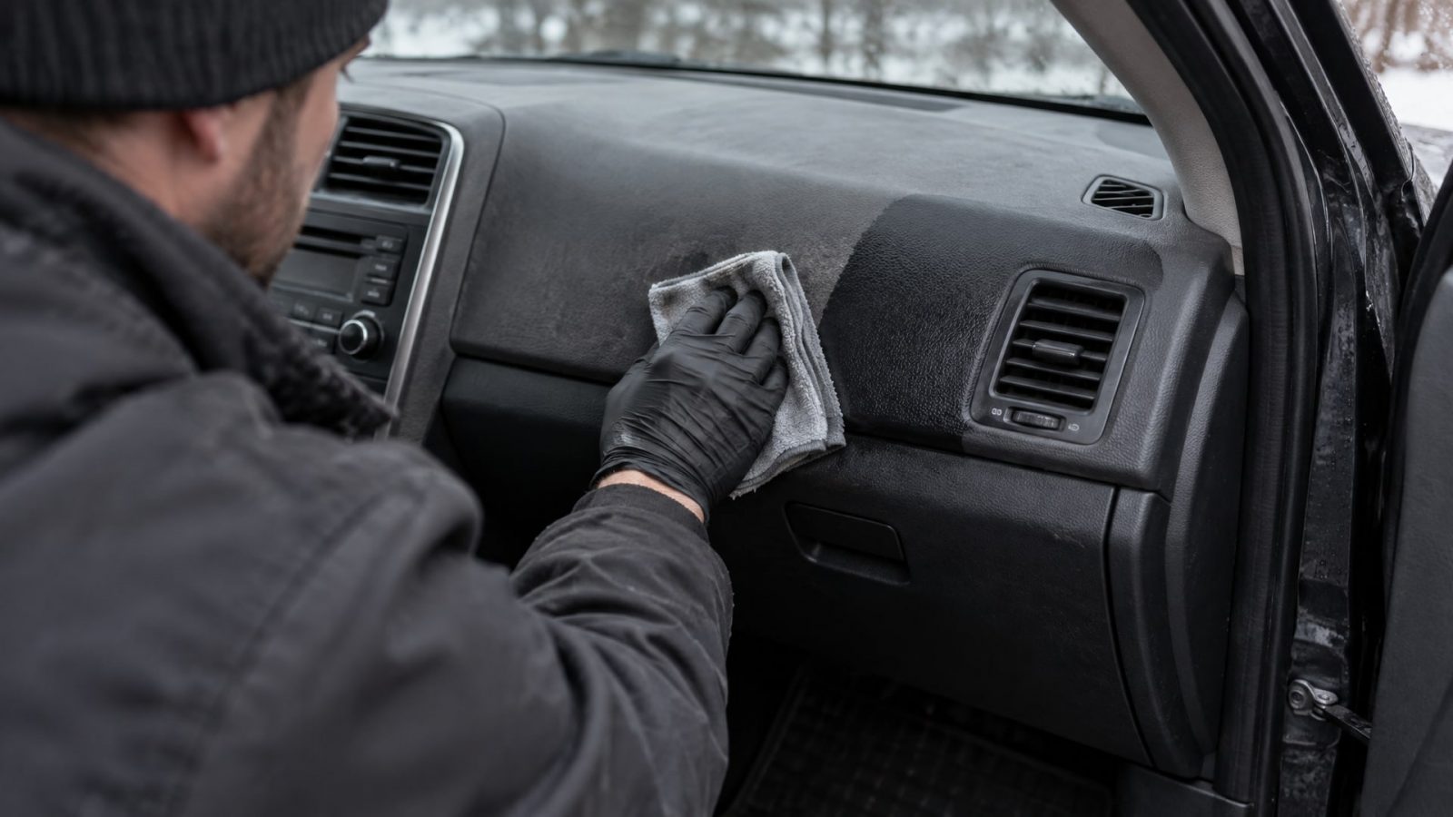 Руки аккуратно очищают тусклый черный пластик салона автомобиля, возвращая ему глубокий оттенок.