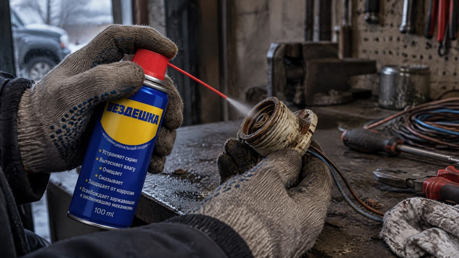 Рука в перчатке наносит универсальную смазку WD40 на цоколи ламп.