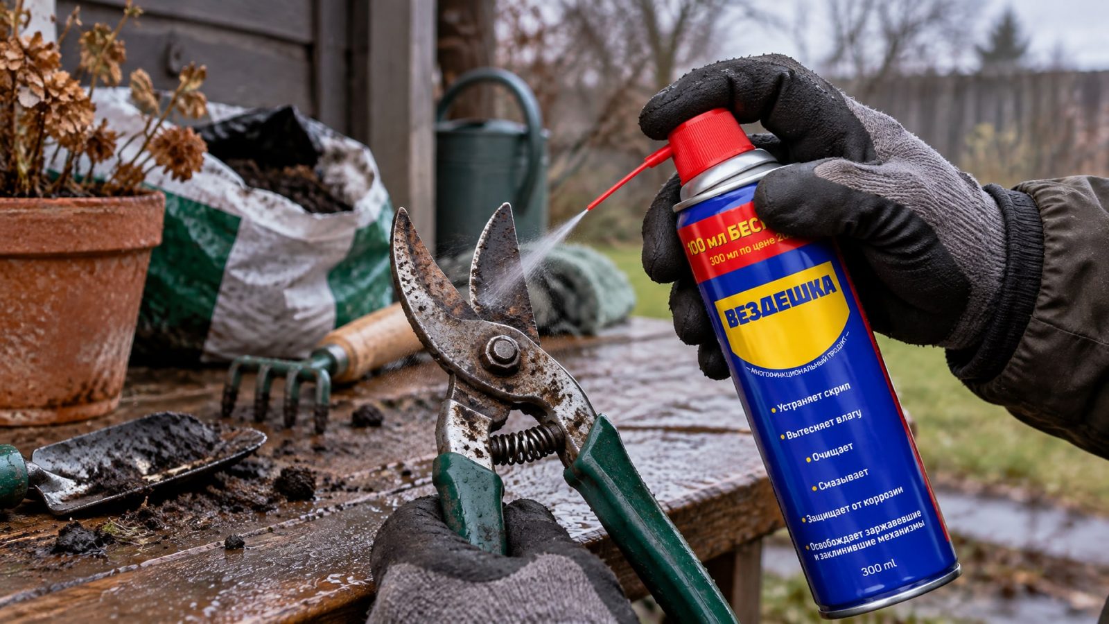 Рука в перчатке наносит универсальную смазку WD40 на садовый инструмент.
