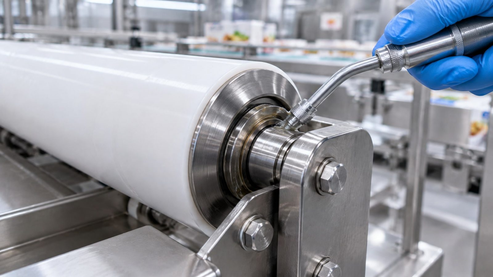 На подшипнике конвейерного ролика тонкий слой прозрачной защиты продукта смазкой.