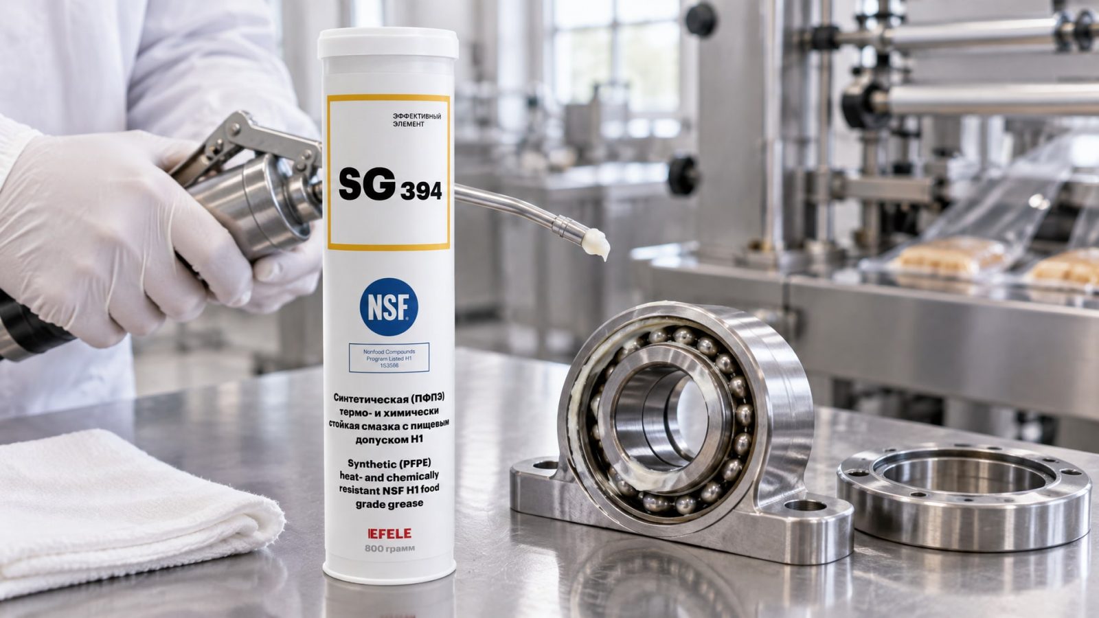 Нанесение EFELE SG-394 (термо-химстойкая, NSF H1) на подшипник для защиты.