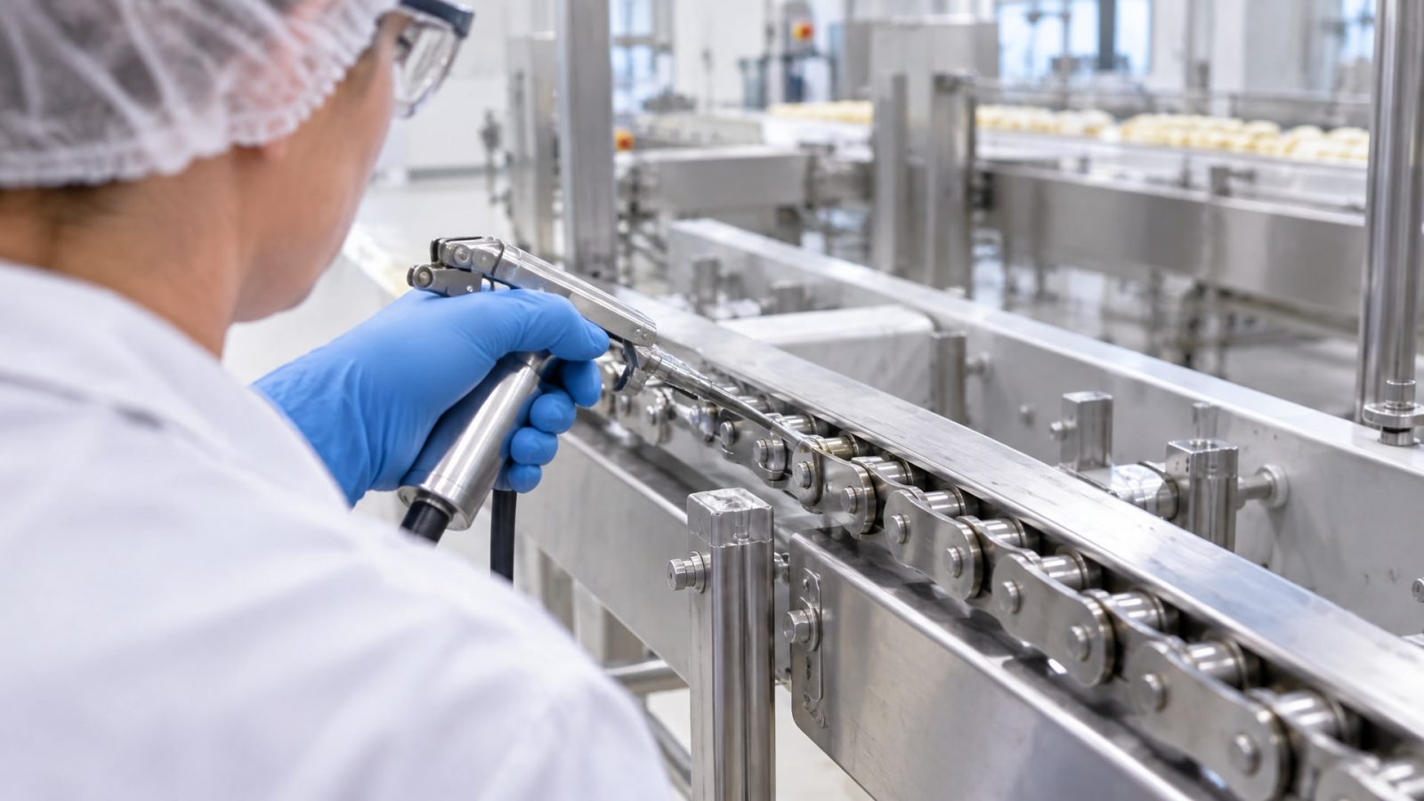 Работник наносит смазку на цепь конвейера для защиты продукта смазкой.